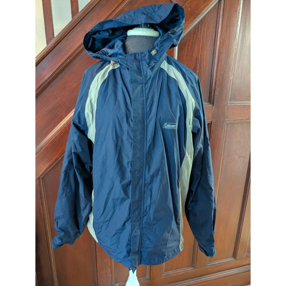 Coleman Navy Hooded Rain Jacket With Beige Stripes Size L Nylon Blend Lightweigh